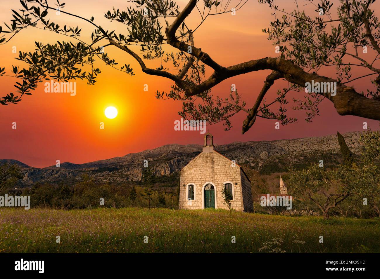 Old church of the Most Holy Trinity in village Pridvorje near Dubrovnik. Konavle region. Croatia. Stock Photo