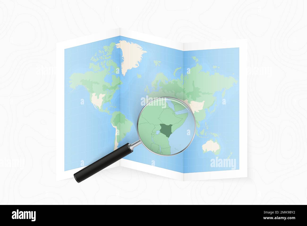 Enlarge Kenya with a magnifying glass on a folded map of the world. Vector paper map. Stock Vector