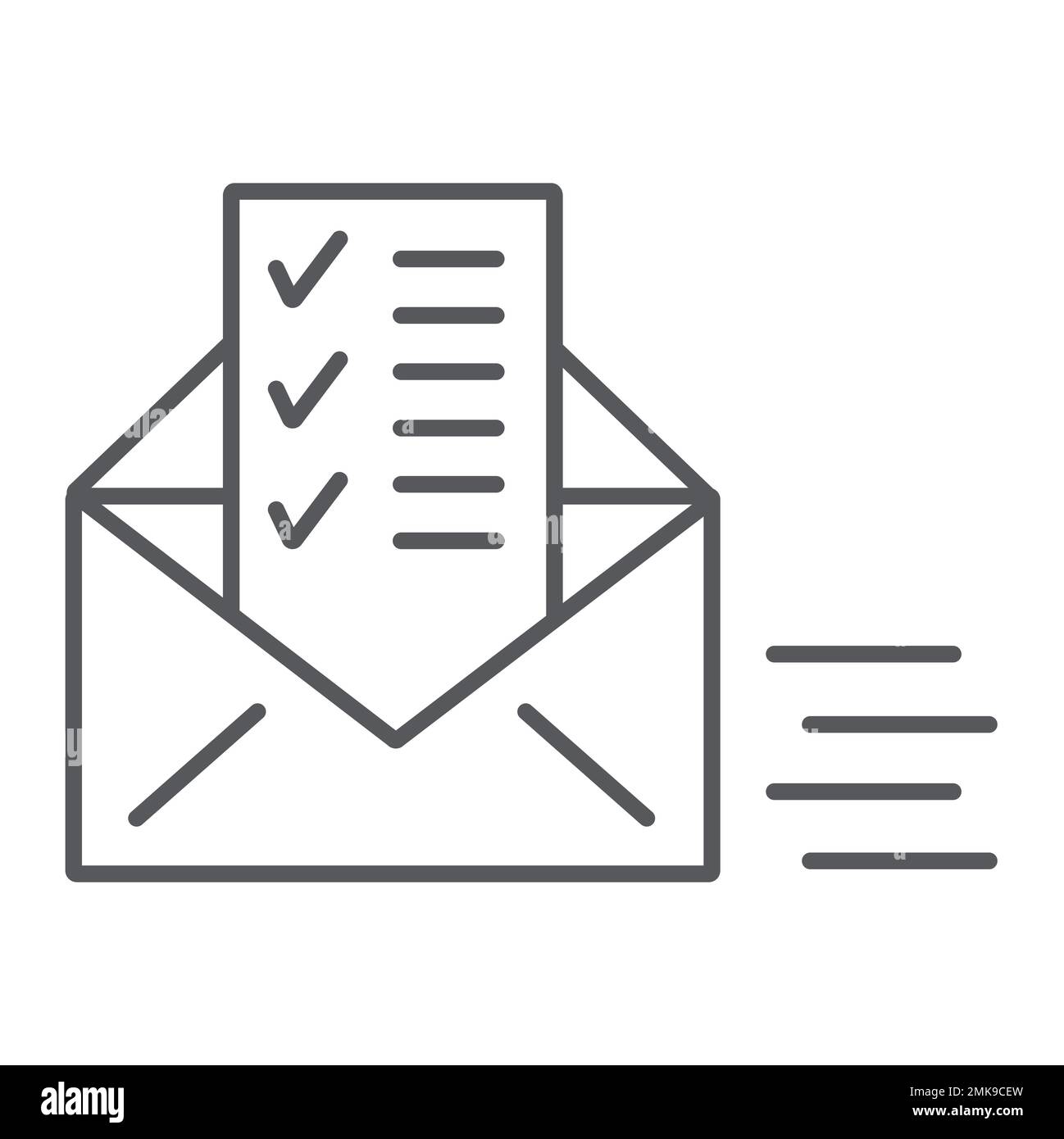Sent document thin line icon, email and mail, envelope with list sign, vector graphics, a linear pattern on a white background, eps 10. Stock Vector