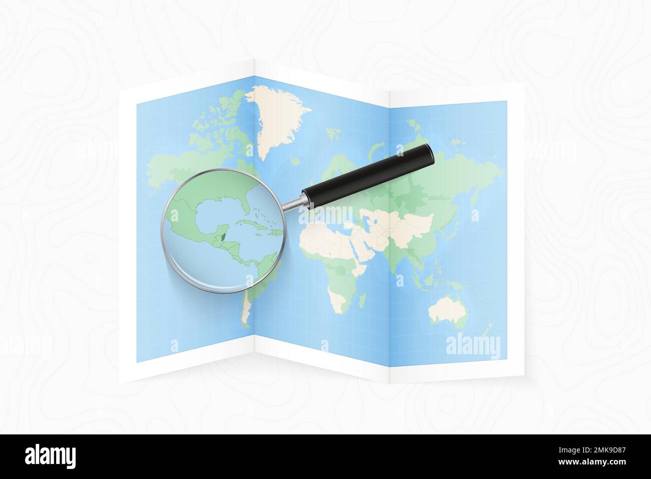 Enlarge Belize with a magnifying glass on a folded map of the world ...