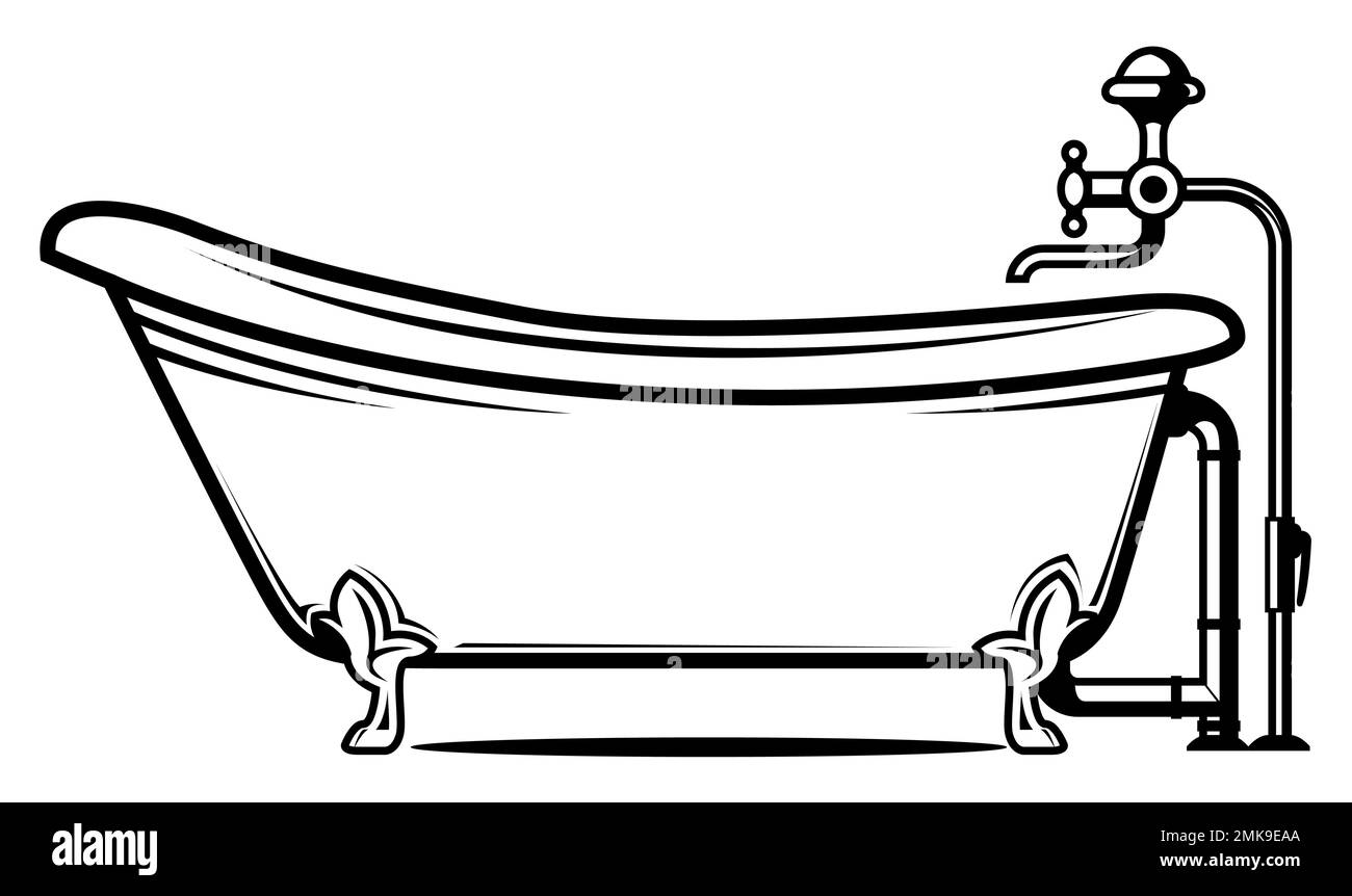 Vintage bathtub on legs with open pipes and tap, elegant old bathroom equipment, vector Stock Vector