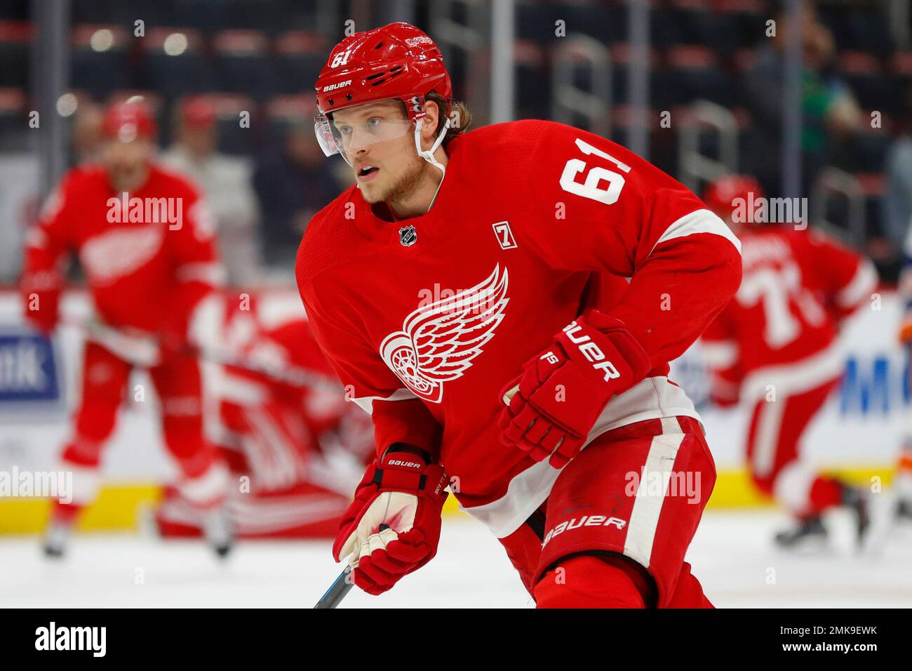 Detroit Red Wings center Jacob de la Rose warms up before an NHL hockey