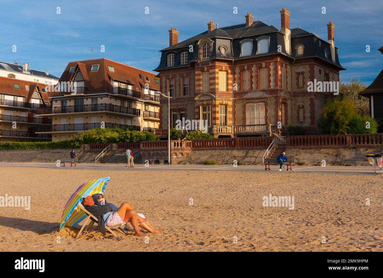 France, Calvados (14), Houlgate, beach and Roland Garros promenade with its old Norman villas Stock Photo