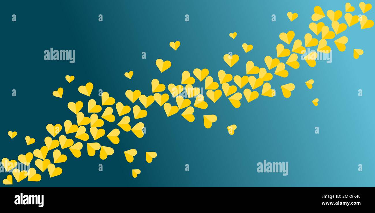 Yellow flying hearts on blue background. Frame design for Valentine's day. Stock Photo