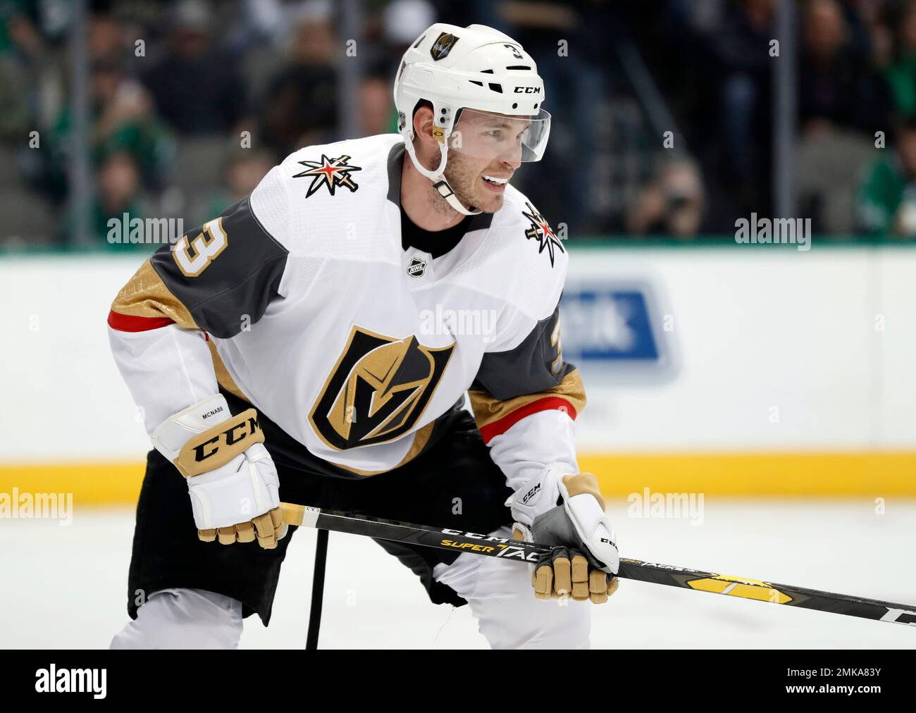 Vegas Golden Knights' Brayden McNabb (3) watches a face off during an ...