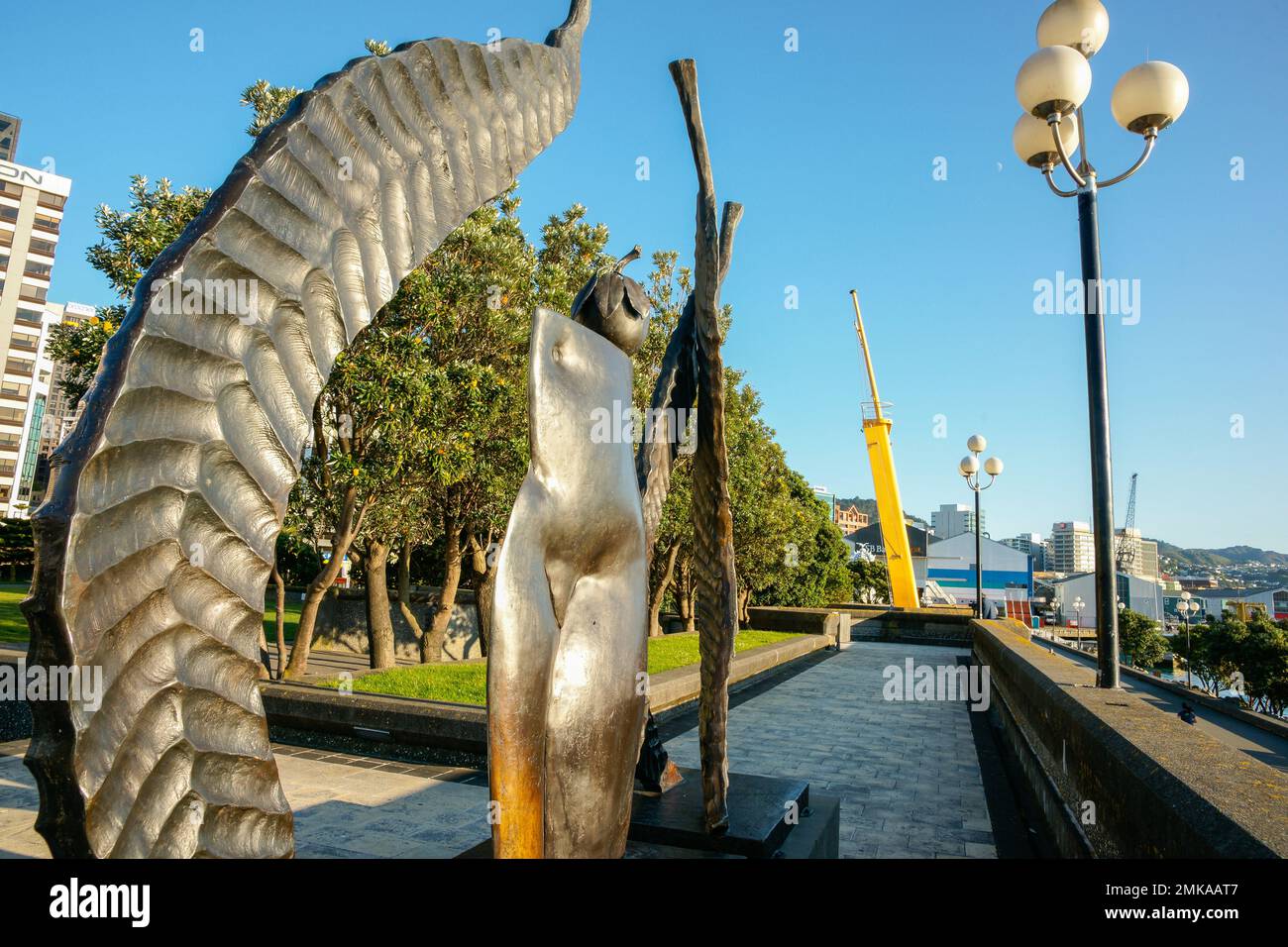 Frank Kitts Park, on city waterfront with Fruits of the Garden sculpture, by artist Paul Dibble. Stock Photo