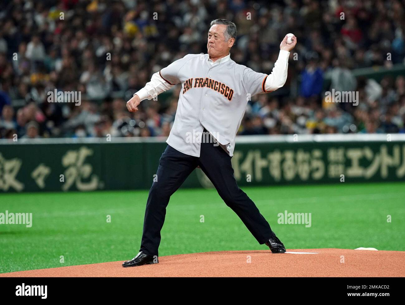 Nippon Ham Fighters manager Tsuyoshi Shinjo unveils his uniform change in a  ceremony after the final home game of the season at Sapporo Dome in  Hokkaido, northern Japan, on Sept. 28, 2022.