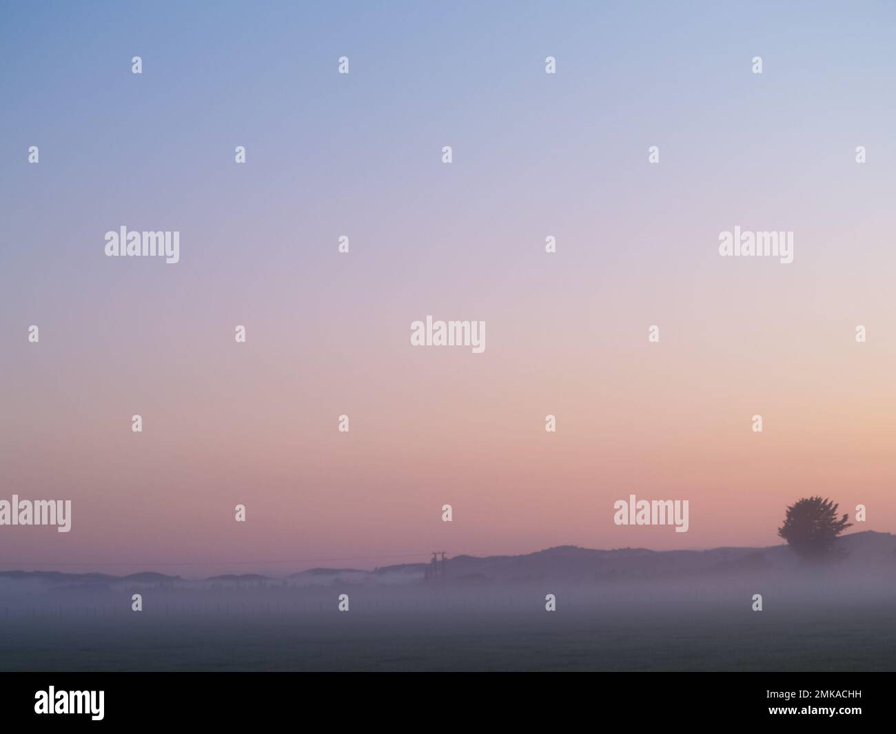 Misty morning across rural land in Wairarapa district, New Zealand