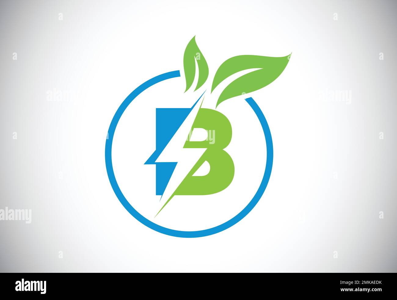 Initial B letter thunderbolt leaf circle or eco energy saver icon. Leaf and thunderbolt icon concept for nature power electric logo Stock Vector