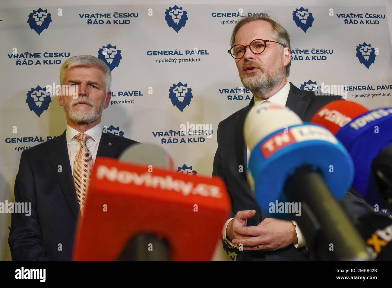 Prague, Czech Republic. 28th Jan, 2023. Winner of Czech presidential elections Petr Pavel (L) and Czech prime minister Petr Fiala speak to the media at his campaign headquarter in Prague. Petr Pavel wins the presidential elections, outpacing former Czech prime minister, chairman of political movement ANO and billionaire Andrej Babis. (Photo by Tomas Tkacik/SOPA Images/Sipa USA) Credit: Sipa USA/Alamy Live News Stock Photo