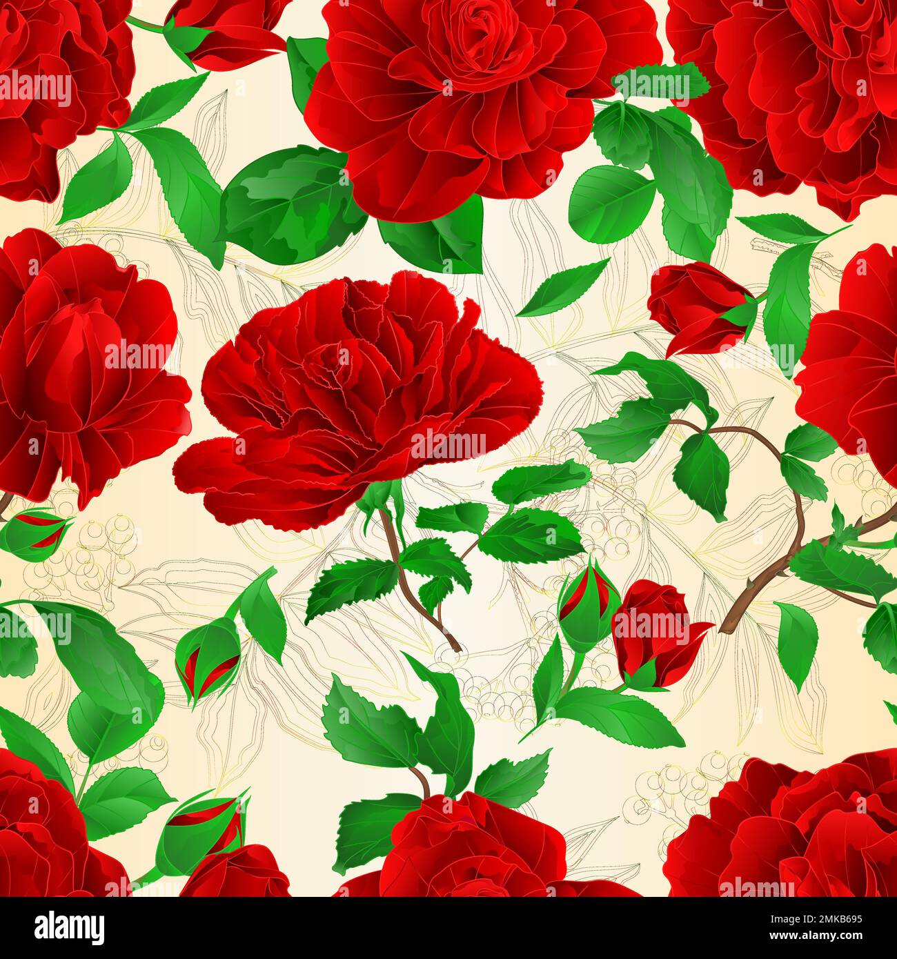 Seamless texture red roses with buds and leaves vintage on a white ...