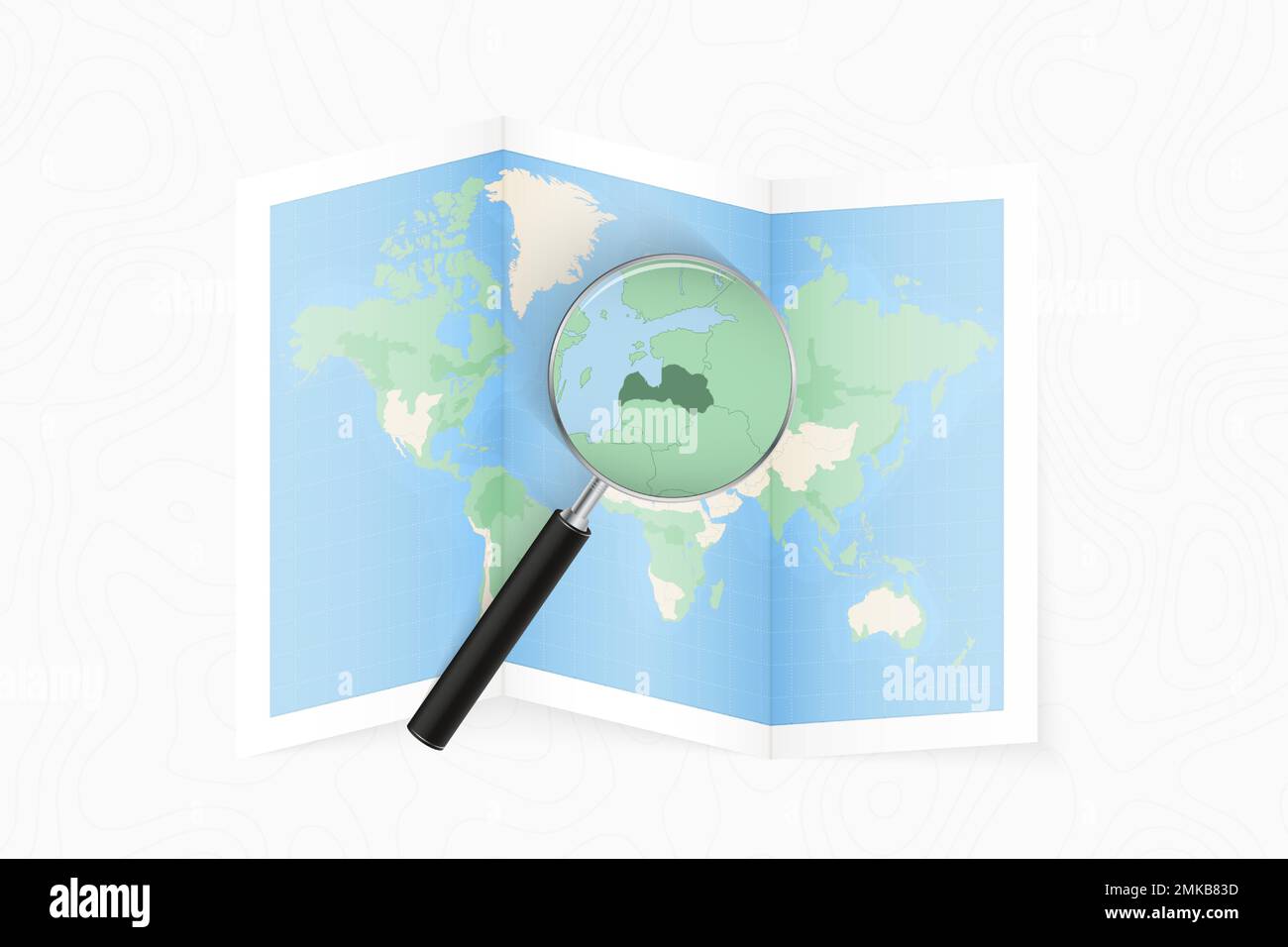 Enlarge Latvia with a magnifying glass on a folded map of the world. Vector paper map. Stock Vector