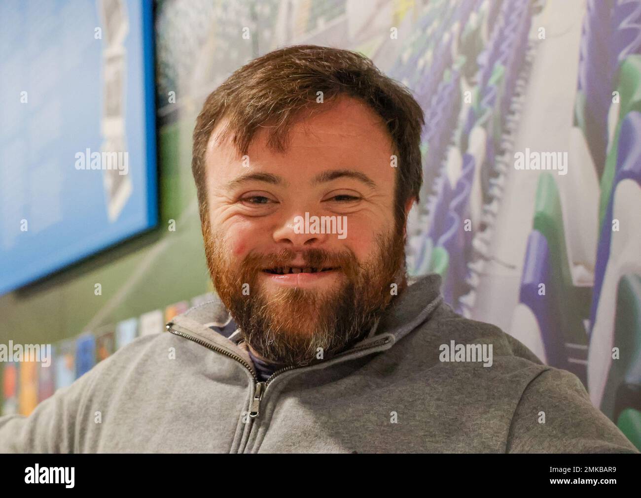 Windsor Park, Belfast, Northern Ireland, UK. 22 Nov 2022. Danske Bank Premiership – Linfield v Larne. Northern Ireland actor James Martin in the media area after the game. Stock Photo