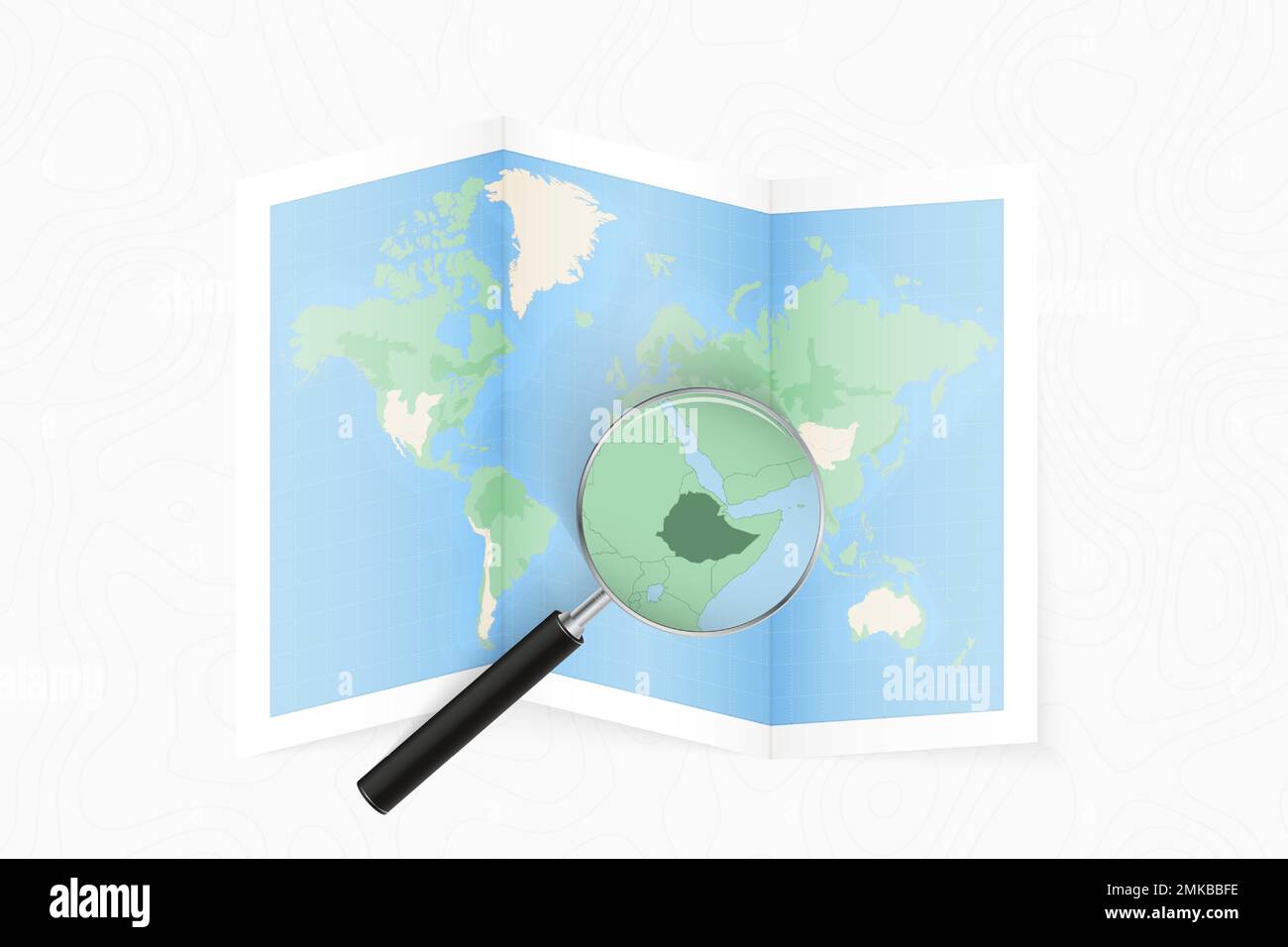 Enlarge Ethiopia with a magnifying glass on a folded map of the world. Vector paper map. Stock Vector