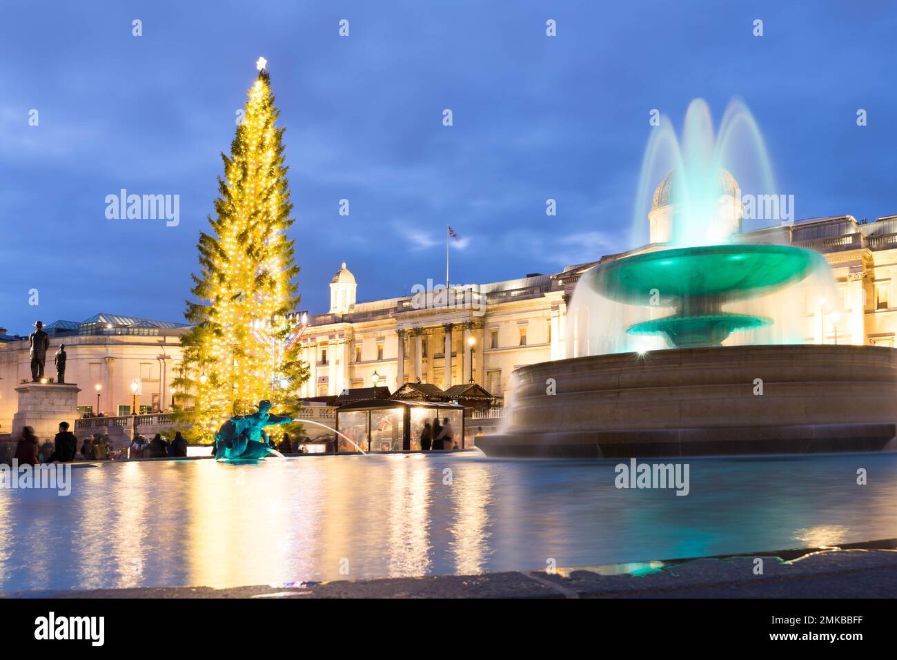 Christmas tree and lights at Trafalgar square in front of national gallery London Westend