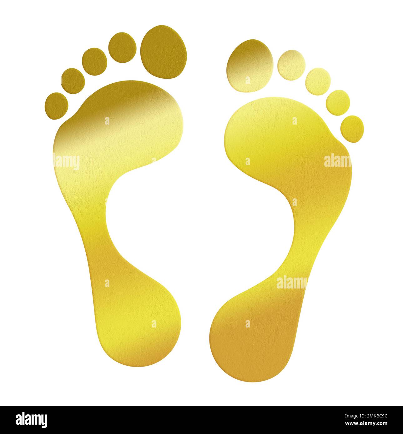 Feet or footprints in gold. Soles of a boy's feet. Template and form for advertising. Stock Photo
