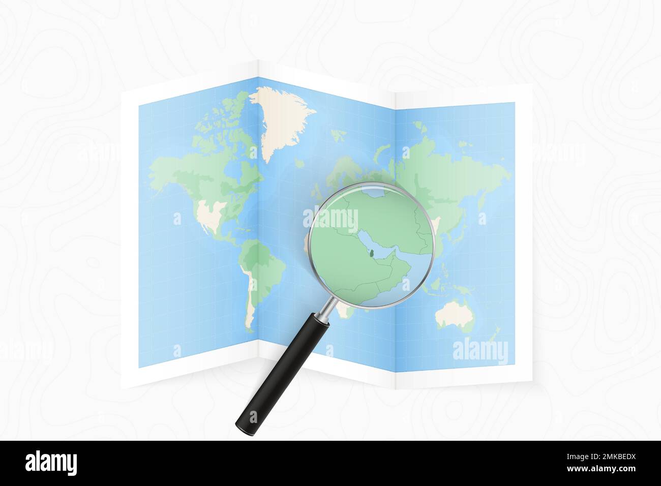 Enlarge Qatar with a magnifying glass on a folded map of the world