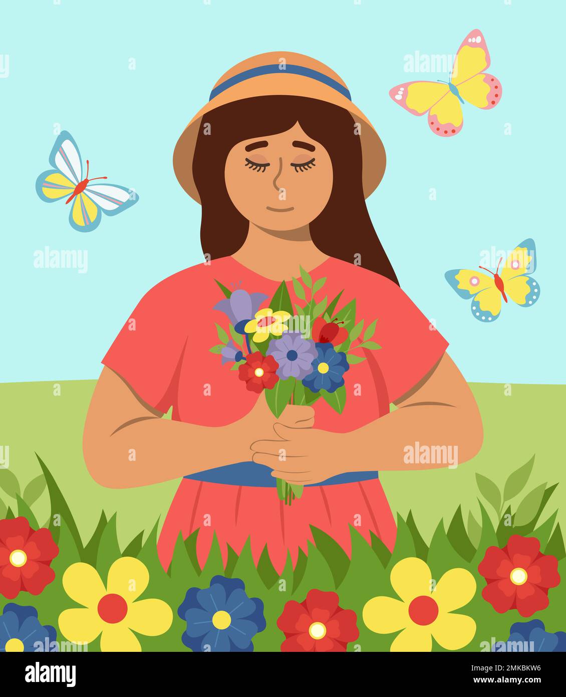 Spring Portrait Of Girl With Bouquet With Colorful Flowers Vector Illustration In Flat Style Stock Vector