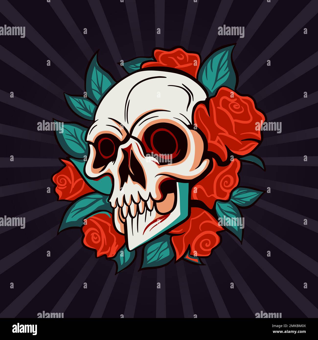 Skull head and rose flower, symbol drawing print. Dead vector retro