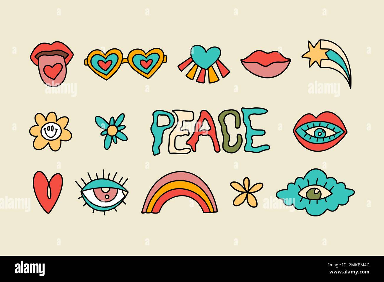 Peace groovy positive element set with heart cloud eye and lips. Rainbow and flower icon collection. Pop hipster vector sticker Stock Vector