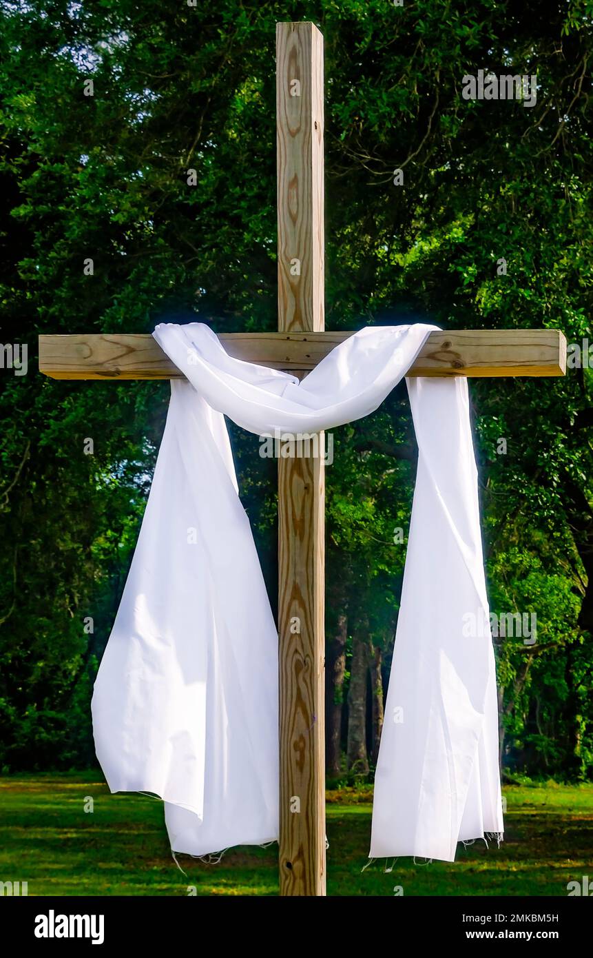 A Resurrection Cross stands outside Saint Rose of Lima Catholic Church on Mon Louis Island, Jan. 1, 2023, in Coden, Alabama. Stock Photo