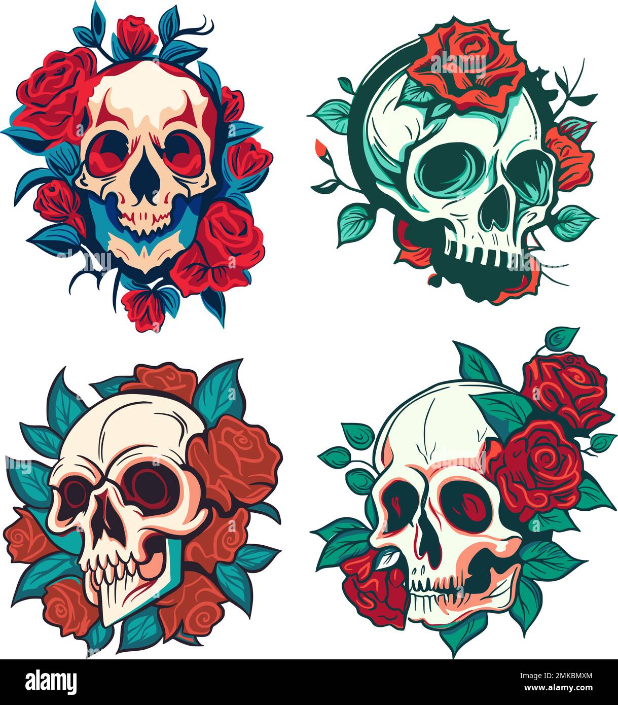 Skull head rose flower symbol set. Dead drawing print collection, retro