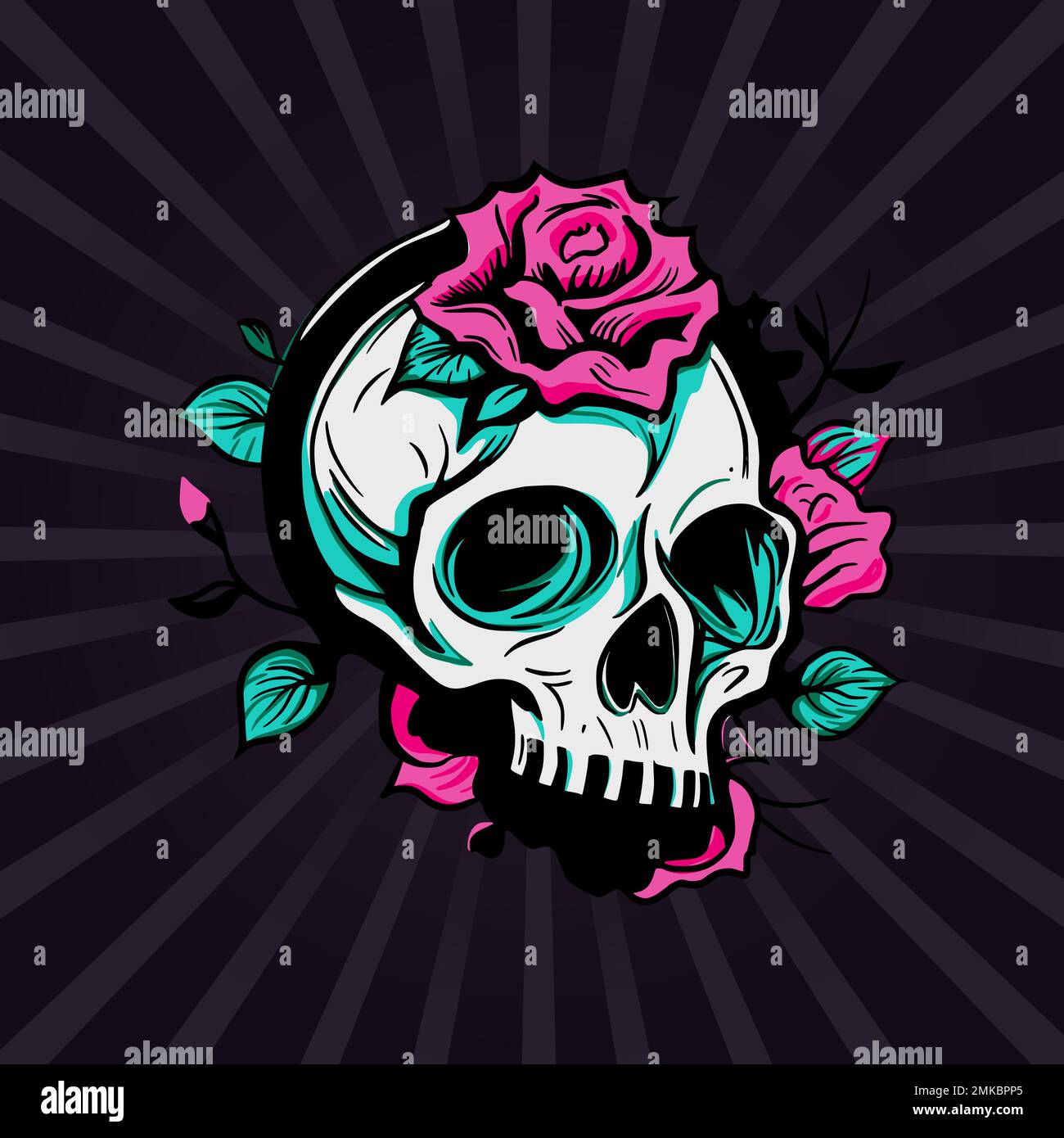 Skull head and rose flower, symbol drawing print. Dead vector retro