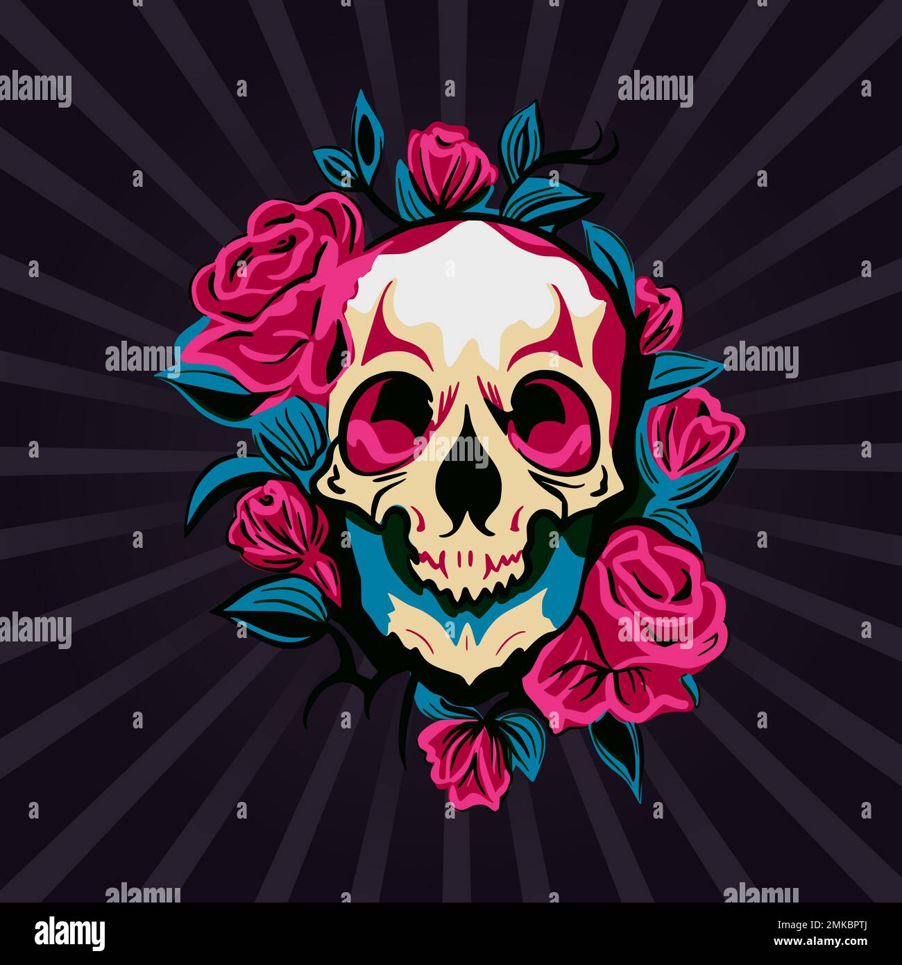 Skull head and rose flower, symbol drawing print. Dead vector retro