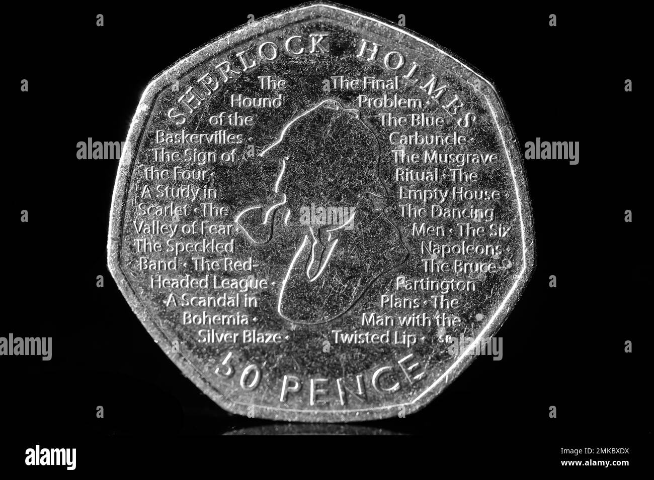 A 2019 50p coin featuring Sherlock Holmes to commemorate 160th anniversary of Sir Arthur Conan Doyle's birth Stock Photo
