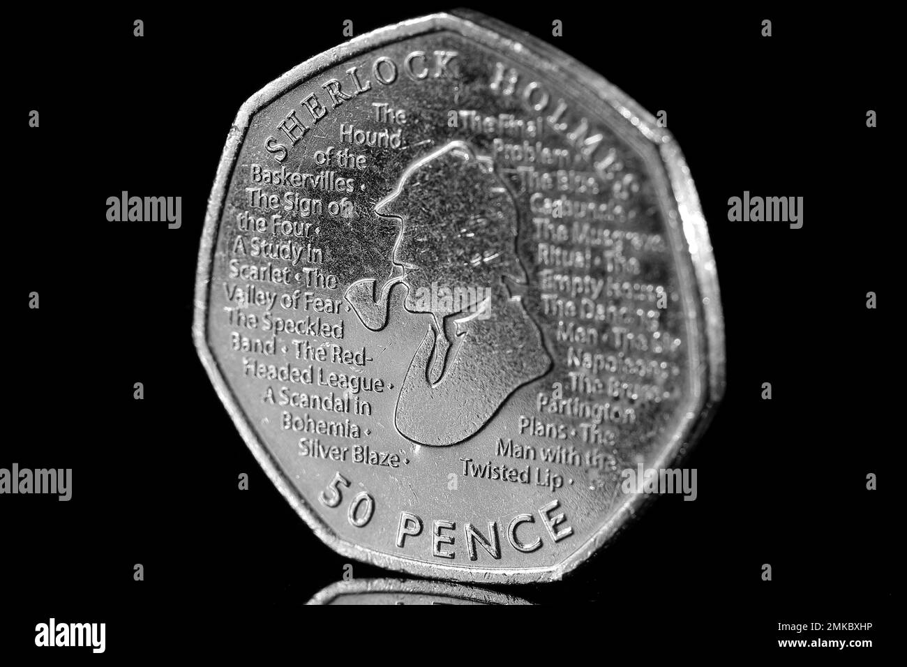A 2019 50p coin featuring Sherlock Holmes to commemorate 160th anniversary of Sir Arthur Conan Doyle's birth Stock Photo