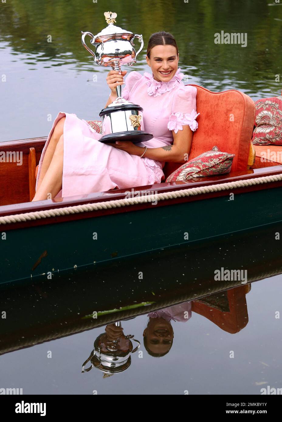 Tennis - Australian Open - Women's Singles Photo Shoot - Royal Botanic  Gardens Victoria, Melbourne, Australia - January 29, 2023 Australian Open  champion Belarus' Aryna Sabalenka poses with the trophy on a