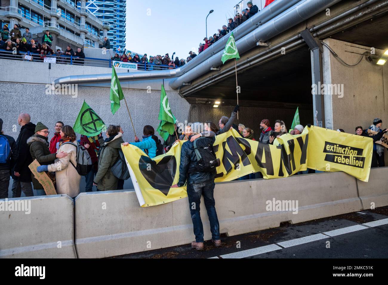 01-28-2023.The Hague,The Netherlands.Extinction Rebellion protested the usage and subsidy of fossile fuels by blocking the A12 highway.Hundreds of climate activists were arrested Stock Photo
