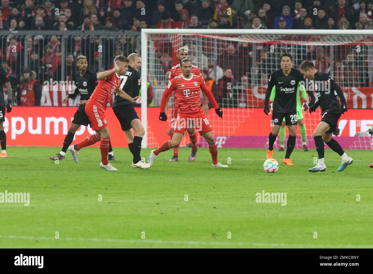 MUNICH, Germany. , . # 10 Leroy Sané, #6 Joshua Kimmich vs #20 Makoto HASEBE during the Bundesliga Football match between Fc Bayern Muenchen and Eintracht Frankfurt at the Allianz Arena in Munich on 28. January, 2023, Germany. DFL, Fussball, 1:1 (Photo and copyright @ ATP images/Arthur THILL (THILL Arthur/ATP/SPP) Credit: SPP Sport Press Photo. /Alamy Live News Stock Photo
