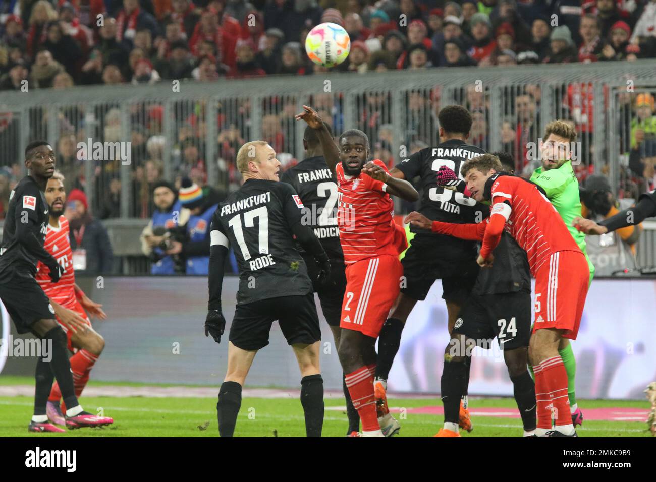 MUNICH, Germany. , . #2 Dayot Upamecano # 25 Thomas Müller - MUELLER vs #17 Sebastian RODE during the Bundesliga Football match between Fc Bayern Muenchen and Eintracht Frankfurt at the Allianz Arena in Munich on 28. January, 2023, Germany. DFL, Fussball, 1:1 (Photo and copyright @ ATP images/Arthur THILL (THILL Arthur/ATP/SPP) Credit: SPP Sport Press Photo. /Alamy Live News Stock Photo