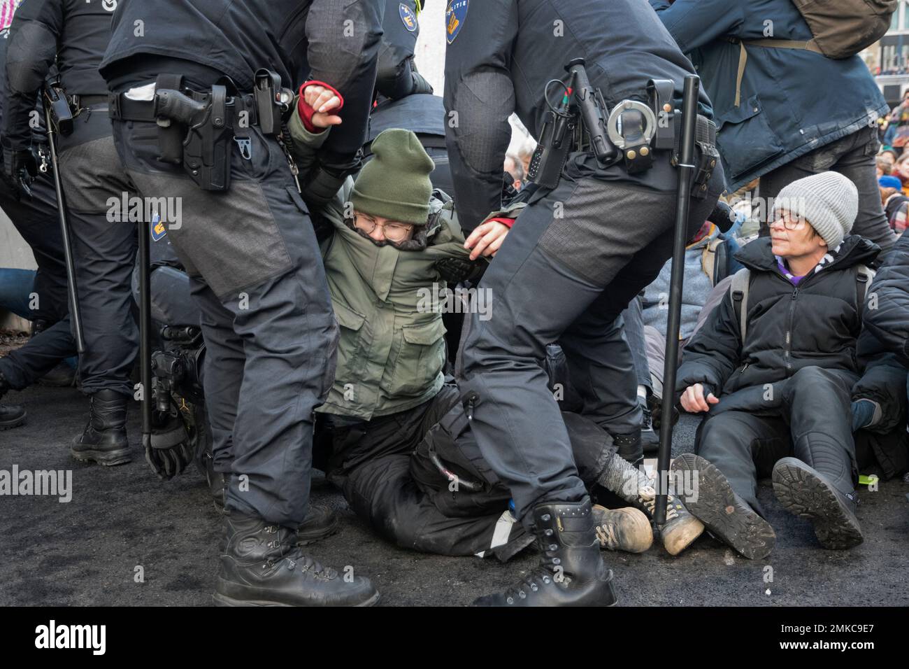 01-28-2023.The Hague,The Netherlands.Extinction Rebellion protested the usage and subsidy of fossile fuels by blocking the A12 highway.Hundreds of climate activists were arrested Stock Photo