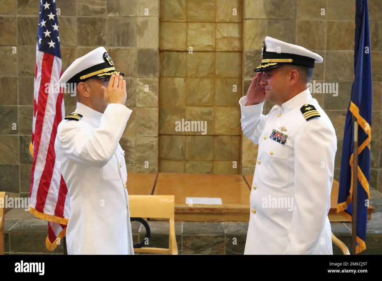 SAN DIEGO, - Cmdr. Joseph D. Foster, relieved Cmdr. Anthony S. Massy as the commanding officer of Arleigh Burke-class guided-missile destroyer USS Curtis Wilbur (DDG 54) during a change of command ceremony on 8 September 2022.The ceremony was held at Murphy Canyon Chapel with Cmdr. Lynch as the presiding officer. Stock Photo