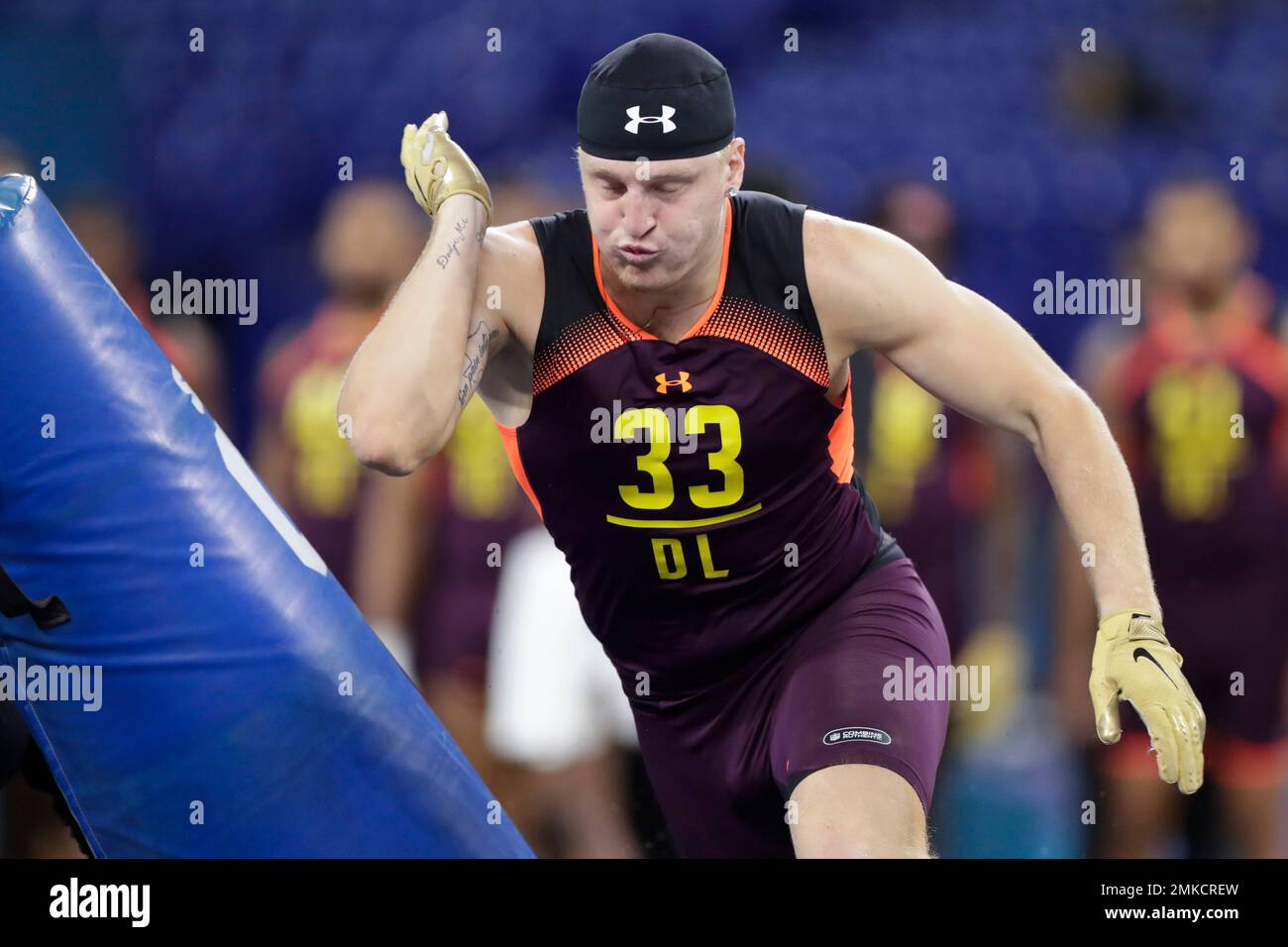 Eastern Michigan defensive lineman Maxx Crosby runs a drill at the NFL  football scouting combine in Indianapolis, Sunday, March 3, 2019. (AP  Photo/Michael Conroy Stock Photo - Alamy