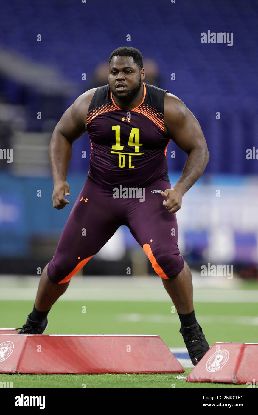 Western Illinois defensive lineman Khalen Saunders runs a drill