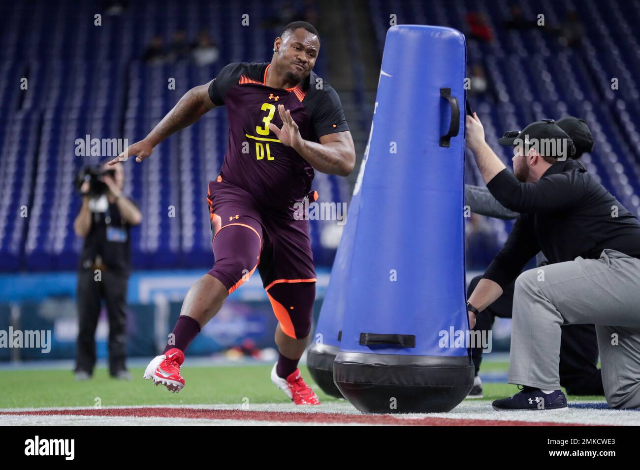Florida State defensive lineman Demarcus Christmas runs a drill at the
