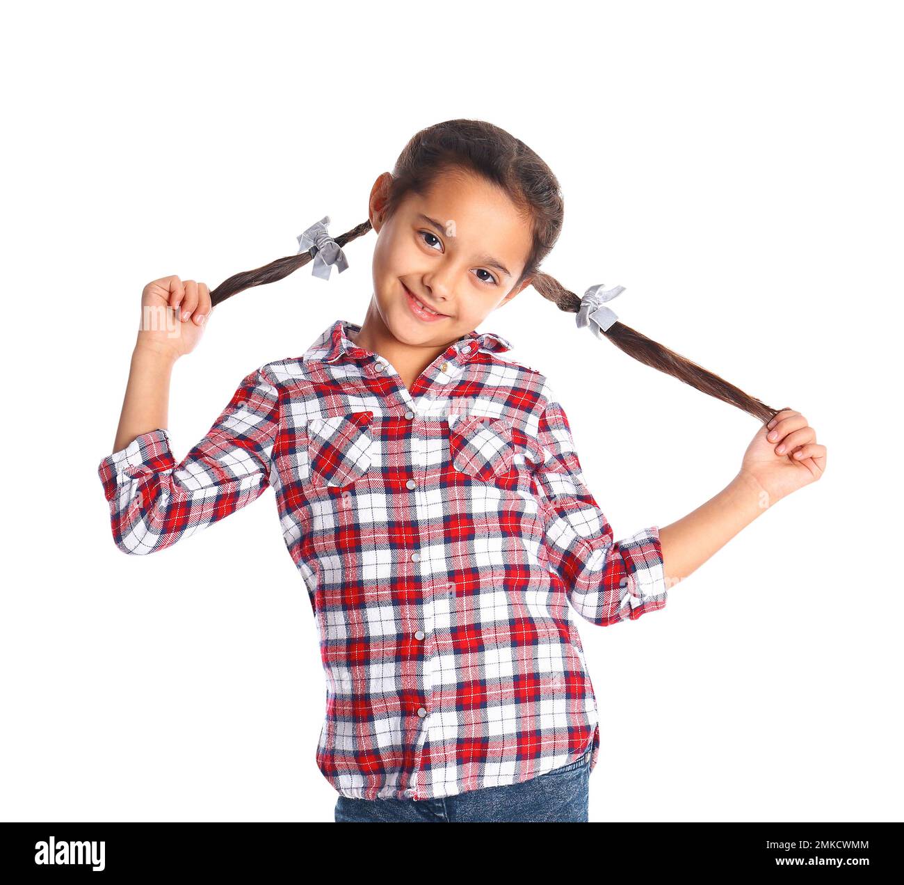 Portrait of cute little girl on white background Stock Photo - Alamy