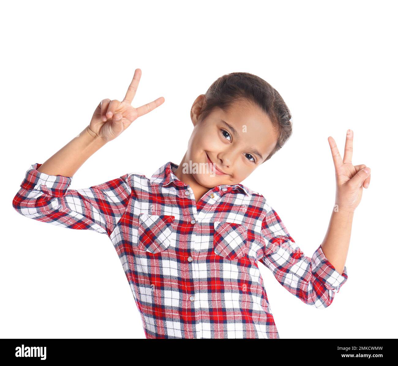 Portrait of cute little girl on white background Stock Photo - Alamy