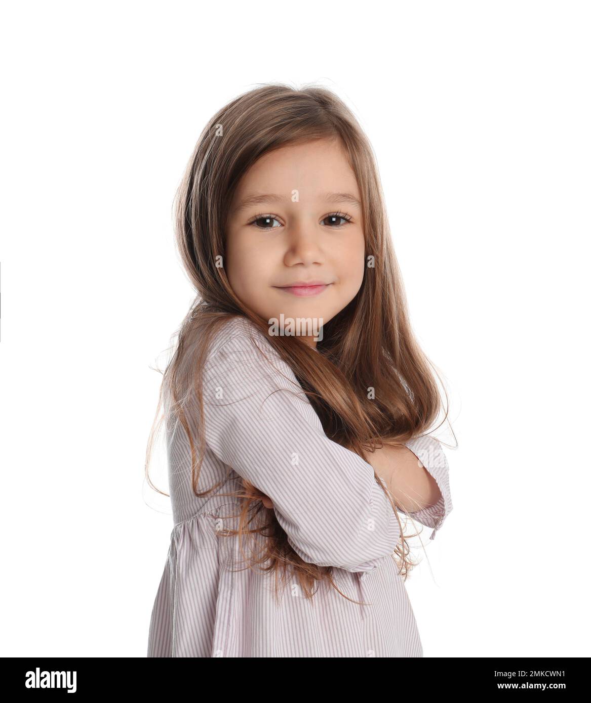 Portrait of cute little girl on white background Stock Photo - Alamy