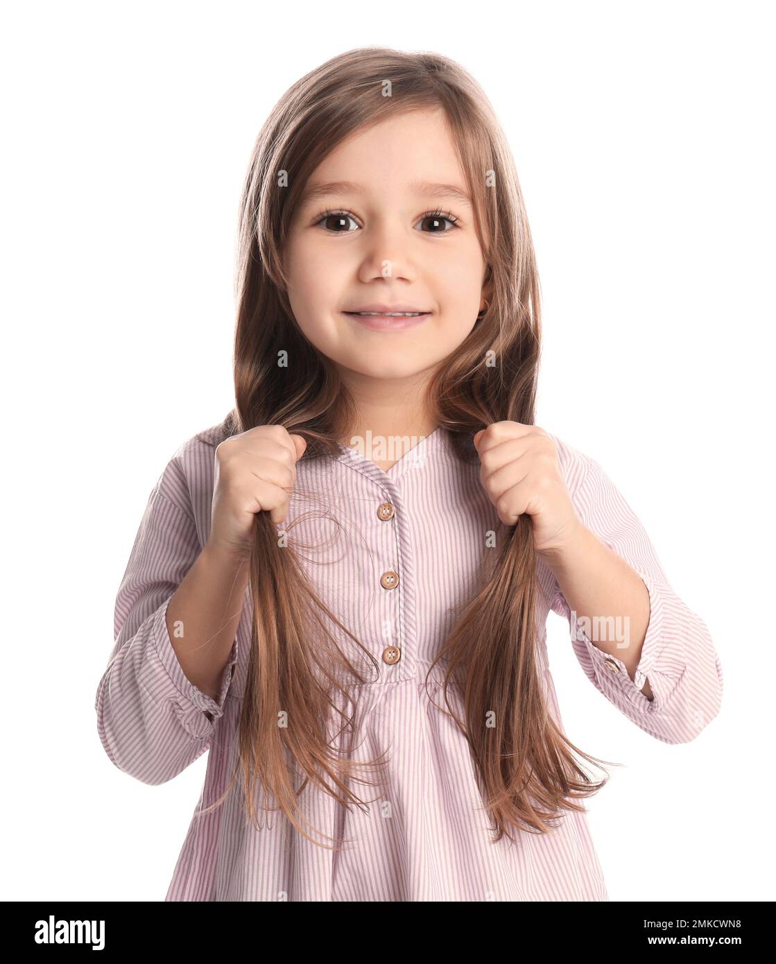 Portrait of cute little girl on white background Stock Photo - Alamy