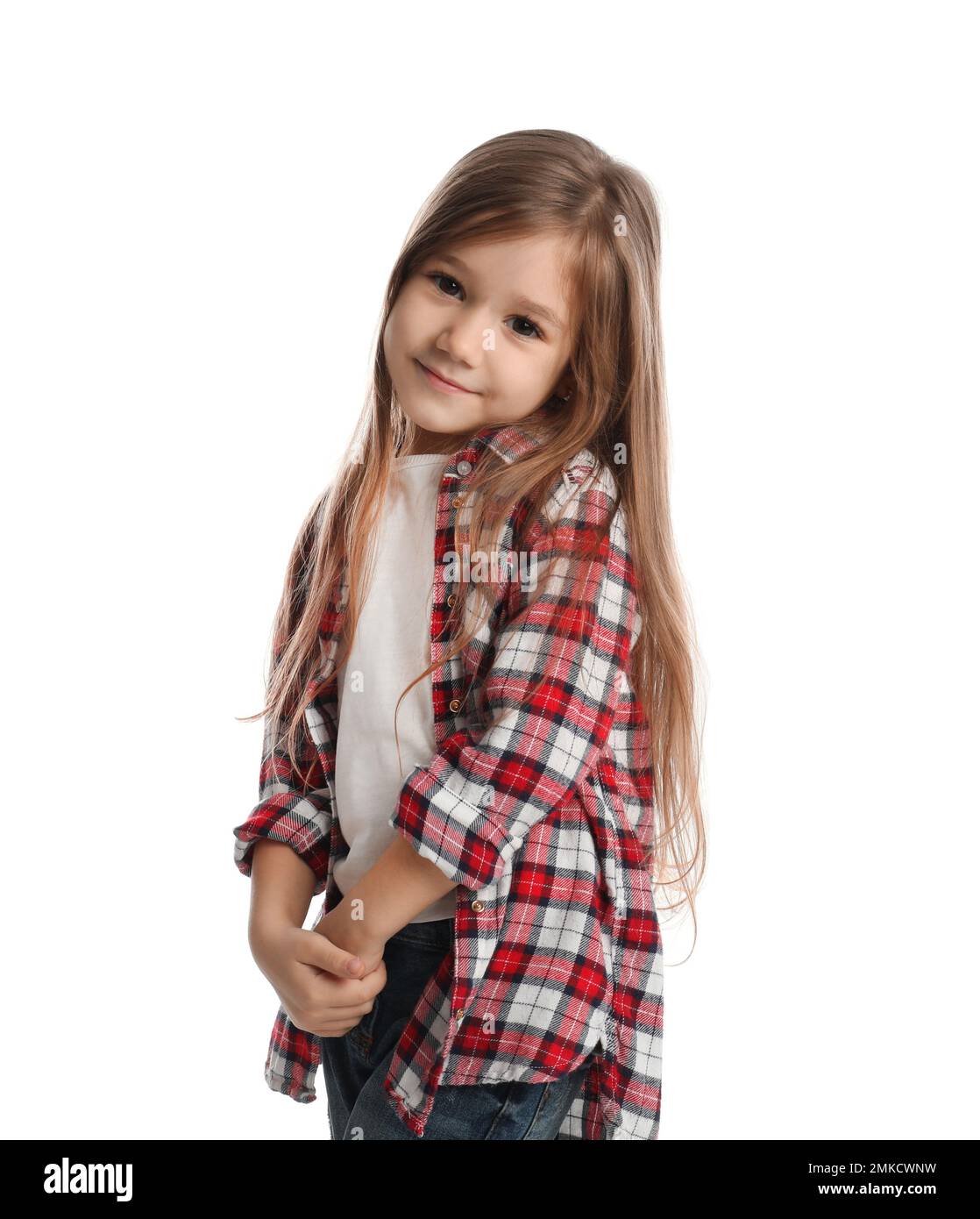 Portrait of cute little girl on white background Stock Photo - Alamy