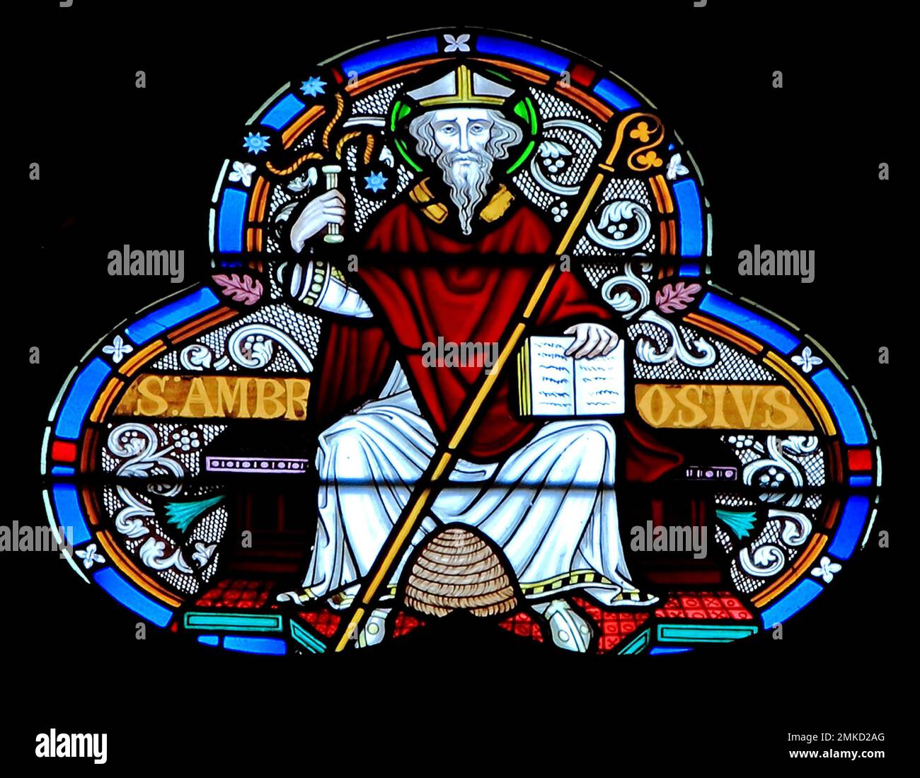 Hand Scourge St. Ambrose, beehive at feet, scourge in hand, stained glass window, by ...