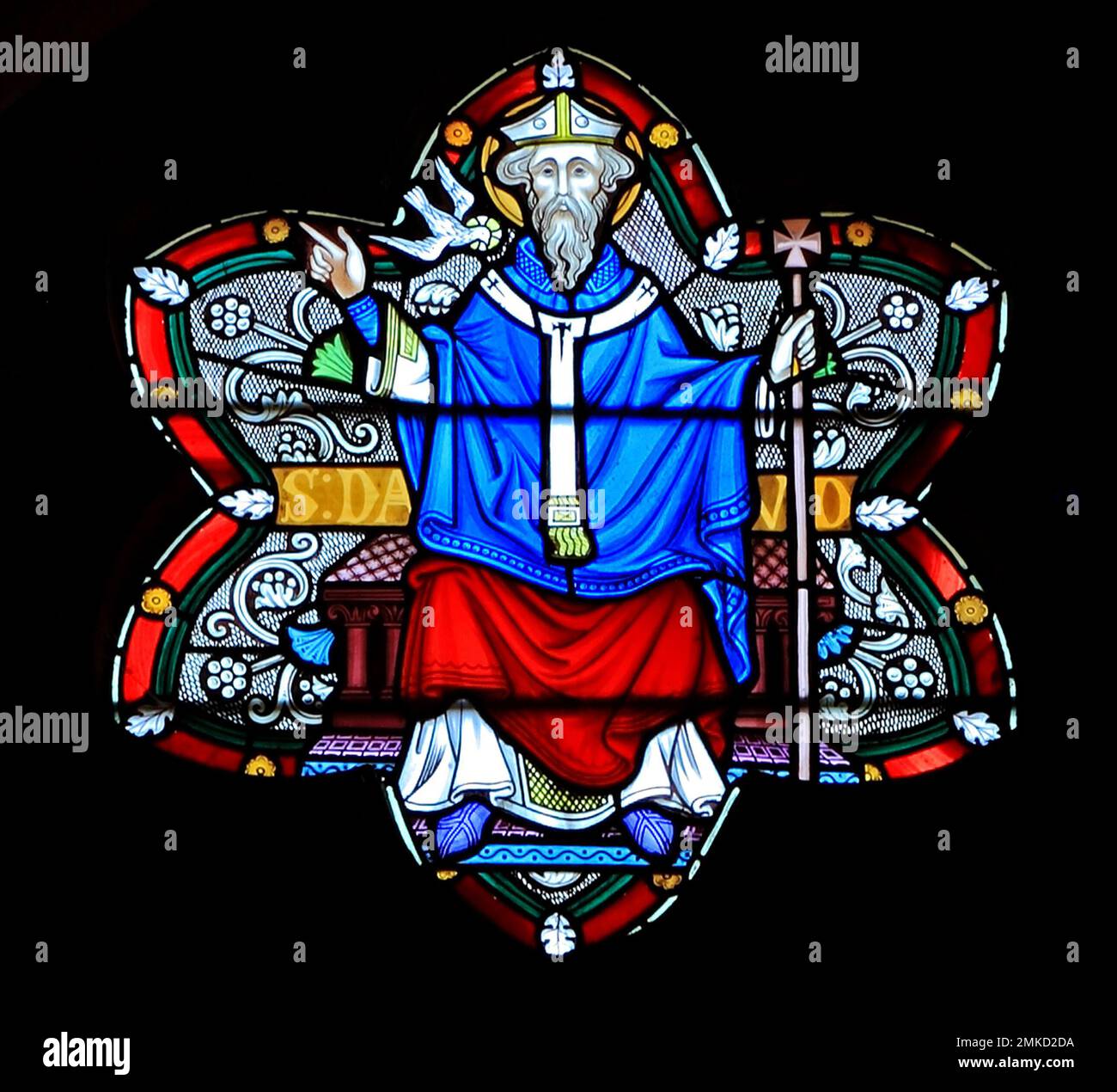 Saint David, dove on his shoulder, stained glass window, by Frederick