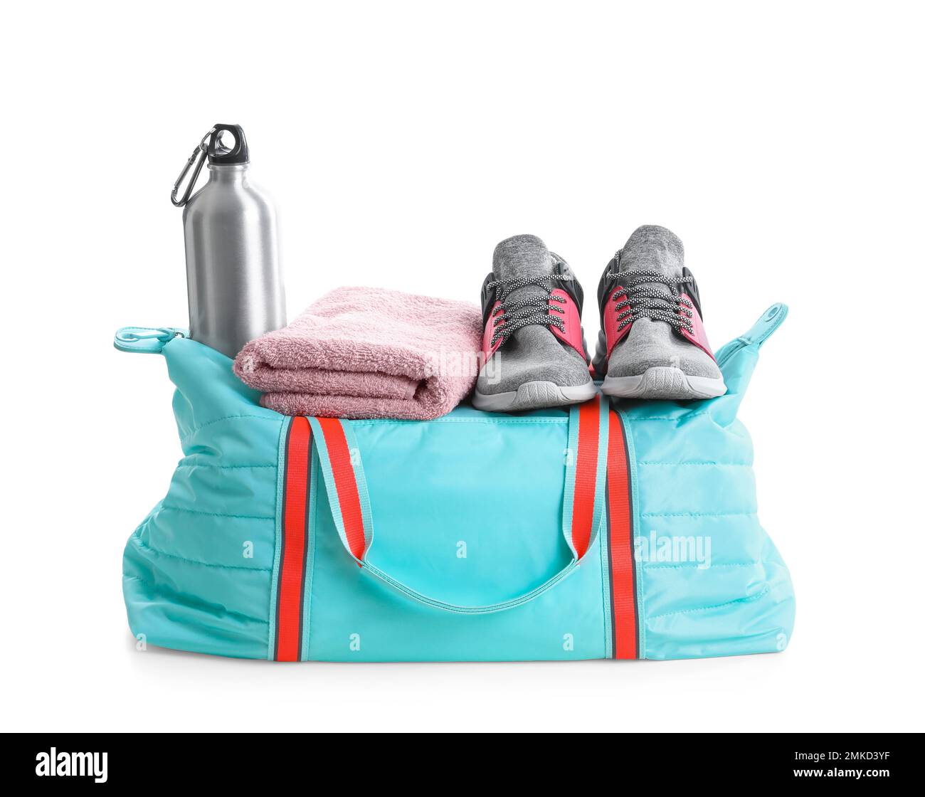 Sports bag with gym equipment on white background Stock Photo - Alamy