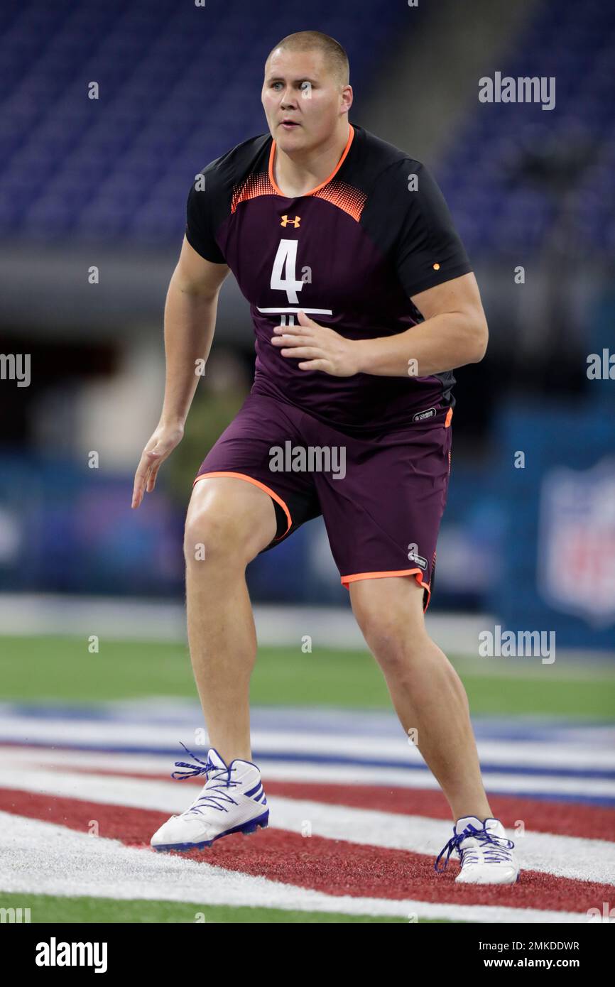 Utah offensive lineman Jackson Barton runs a drill at the NFL football
