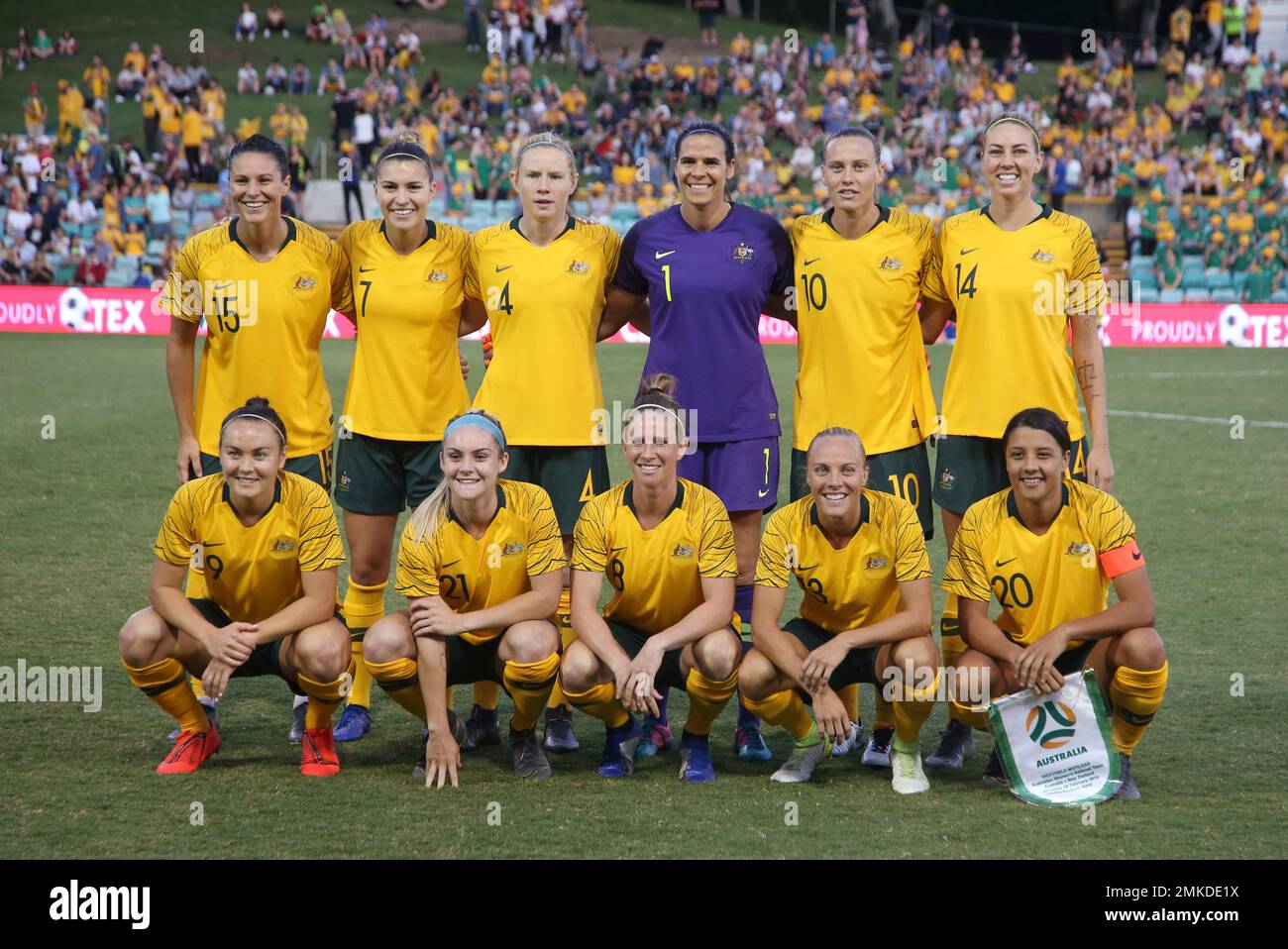The Australian women's soccer team pose for a photo before their Cup of Nations soccer game in