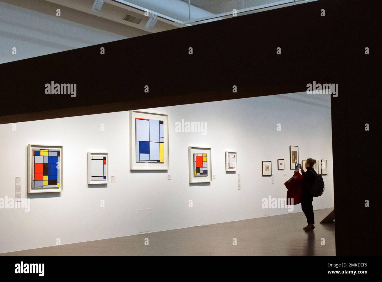 A visitor stands besides of works by Piet Mondrian during the press ...